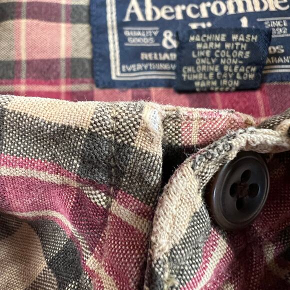 Abercrombie & Fitch Button Down Shirt Men's L Long Sleeve Red Olive Tan Plaid - Picture 6 of 10